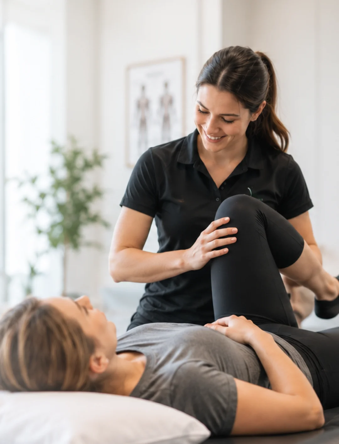 Physiotherapist guiding a patient through a hip and knee mobility treatment in a bright clinic room